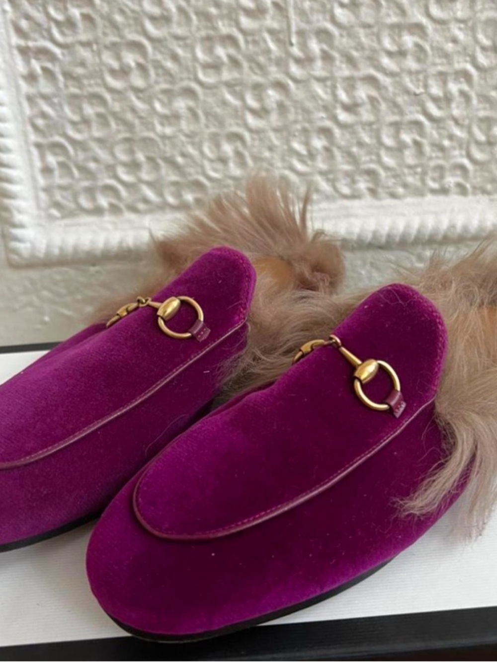 Gucci Magenta Velvet Fur-Trim Mules with Gold Horsebit
